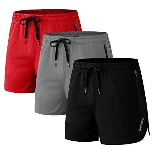 Men's 3 Pack Gym Workout No Liner Shorts Running 3'' Training Athletic Shorts Black Grey Red M