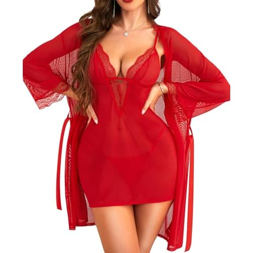 RSLOVE Women Sexy Lingerie Set - 3pc Lace Mesh Babydoll with 3/4 Sleeve Robe & Panty Adjustable Strap Nightgown Sleepwear Small Red