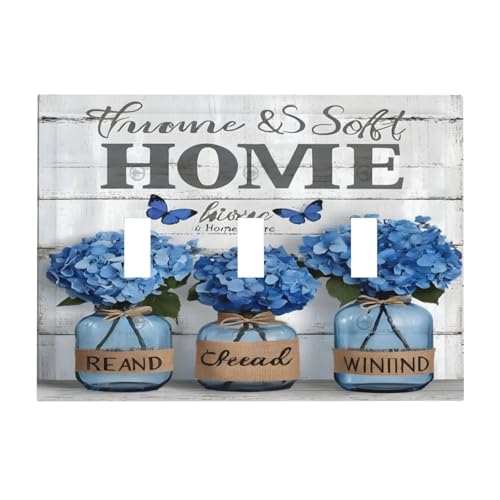 Decorative Light Switch Cover Plate Blue Flower Bottles Wood Plank 3 Gang Wall Plate Oversized Triple Toggle Switch Cover Plate Jumbo Faceplate for Bedroom Decor