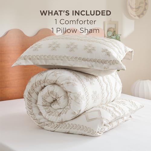 Image of Bedsure Tufted Boho Comforter Set Queen Size - Beige Boho Bed Set, GentleSoft 3 Pieces Farmhouse Distressed Vintage, Home Decor Bedding, Gifts for Woman, Soft Jacquard Queen Comforter for All Seasons