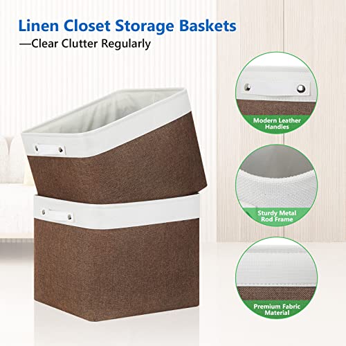 Bidtakay Storage Bins With Leather Handles Large Rectangular Storage Basket For Clothes Blankets [4-Pack] Organizing Bins For Closet Fabric Baskets For Home Organization - 16X11.8X11.8 In #TOP5