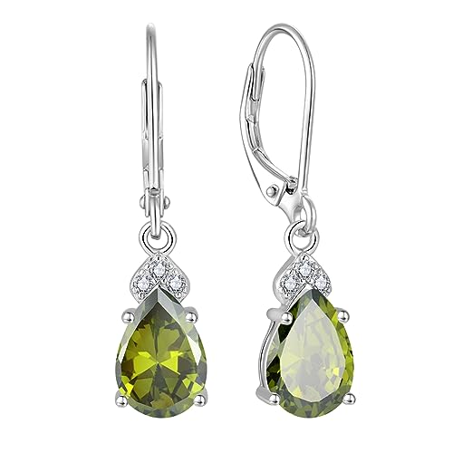 FATACI Women Earrings,925 Sterling Silver Dangle Drop Leverback Earrings with 5A Cubic Zirconia August Peridot Birthstone for Her