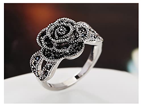 Rhinestone Black Flower Finger Ring For Women Brand Jewelry Vintage Style Size 7-93