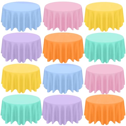 Image of CIEOVO 12 Pcs Round Spring Easter Tablecloths, Plastic Pastel Color Table Cloths Plastic Disposable Tablecloth Pastel Table Cover for Spring Easter Birthday Wedding Baby Shower Party Decorations
