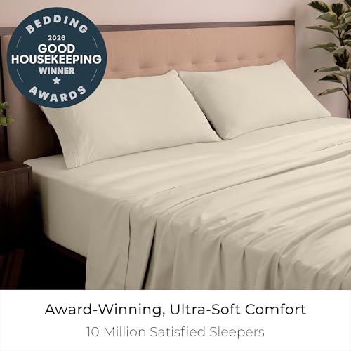 Image of Mellanni King Sheets Set - 4 PC Iconic Collection Bedding | Hotel Luxury, Extra Soft, Cooling Bed Sheets - Wrinkle, Fade, Stain Resistant (King, Beige)
