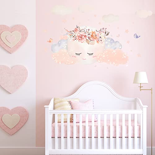 Cartoon Cloud Moon Wall Decals, Holengs Cute Smile Moon Stars Wall Stickers, Watercolor Crown Flowers Removable Diy Wall Mural Art Decor For Kids Girls Bedroom Nursery Classroom #TOP4