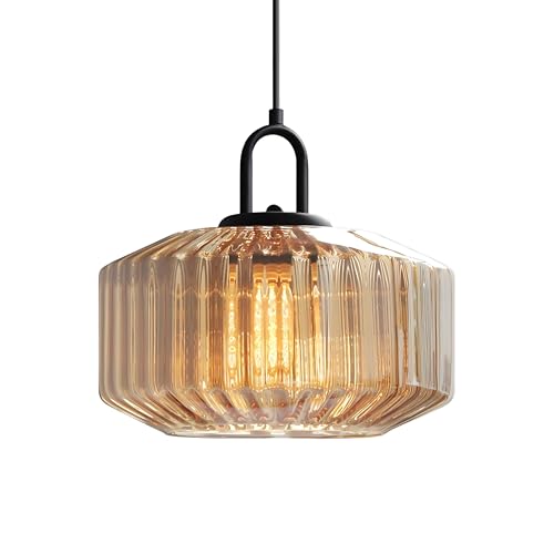 HJXDtech Suspension en Verre Cannelé de 28 cm, Lustre de Style Industriel Vintage,Lampe Suspendue E27 pour Salle à manger, Cuisine, Chambre et Salon (Ambre)