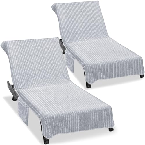 Ruikyhom Lounge Chair Towel Cover (Pack of 2) Ultra Plush & Absorbent Micro Fleece Chair Towel for Pool Beach Patio & Garden|Quick Dry Non-Slip Design with 2 Side Pockets|85 x 30- Gray White