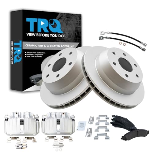 Image of TRQ Rear Brake Pad and Rotor Set Ceramic G Coated Rotors Calipers Compatible with 2005-2006 Cadillac Escalade 2002 GMC Yukon
