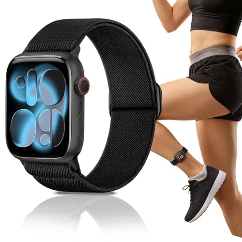 Ynitec Stretchy Nylon Loop Band Compatible with Apple Watch 40mm 38mm 41mm 42mm Sport Ankle/Arm/Wrist Strap for iWatch Series 11-1 SE/Ultra 3 2 1 Adjustable Replacement Bands for Women Men Black