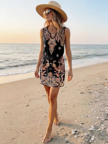 Image of SAUKOLE Womens Sleeveless T Shirt Dresses Casual Cute Floral Print Short Dress Summer Fashion Front Pockets
