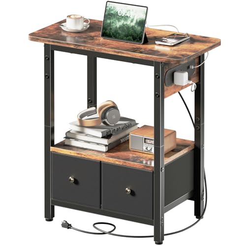 HLDIRECT Side Table with Charging Station, Narrow End Table with 2 Fabric Drawers and Large Storage Shelf for Bedside, Skinny Bedside Table for Small Spaces, Living Room, Bedroom, Rustic Brown by HLDIRECT - Used condition - CA$56.99