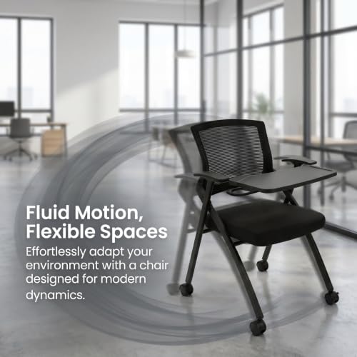 Image of 4 Pack Folding Training Chair with Desk Attached & Cup Holder,Foldable Office Chair with wheels for Seminar & Classroom-Conference Guest Mesh Back & Padded Seat Chair-Flip-Top Desk Chair for Meeting