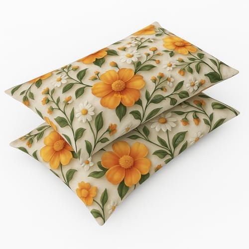 Image of RUMPS 380 TC Premium Heavy Cotton 7D Print Fast Colour Feel Elastic Fitted Floral Bedsheet King Size with 2 Pillow Covers || (Orange Flower, Fitted - 72 inchx78 inch King)