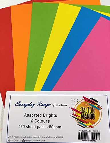 A4 Assorted 80GM Coloured Bright Paper 120 Sheet Pack 6 Colours