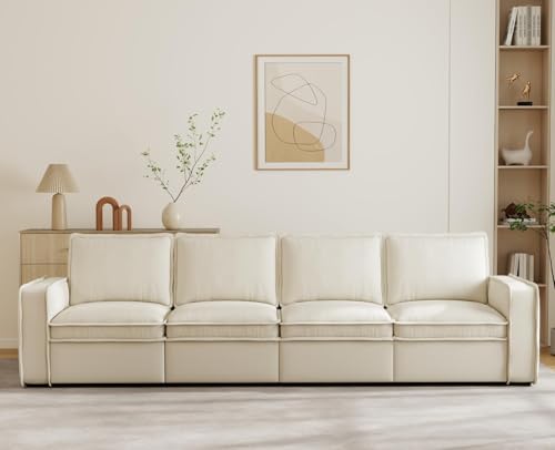 Image of EALSON 119 inch Modular Sectional Sofa Modern Comfy 4-Seater Couch Sofa Linen Fabric Cloud Couches with 24 inch Deep Seat and Wooden Legs for Living Room /Bedroom, White