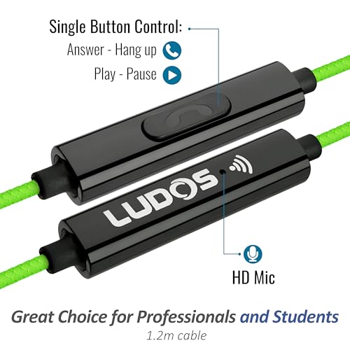 Image of LUDOS Clamor Wired Earbuds in Ear Headphones with Microphone, Earphones with Mic and Volume Control, Memory Foam, Reinforced Cable, Bass Compatible with iPhone, Apple, iPad, Computer, Laptop, PC