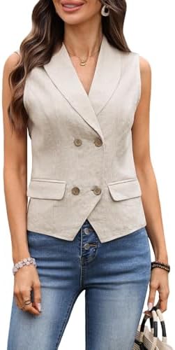 Women's 100% Linen Vest Shawl Collar Double Breasted Suit Vest 20...