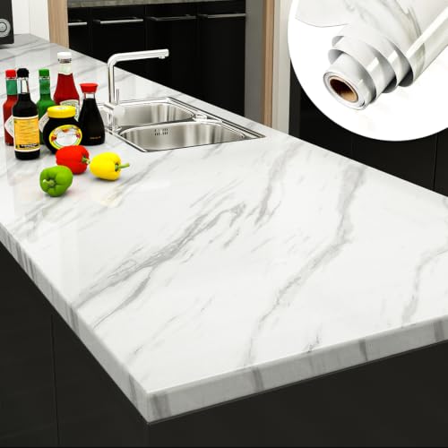 YENHOME White Marble Contact Paper for Countertops Kitchen Counter Top Peel and Stick Countertops Waterproof Self Adhesive Marble Wallpaper Peel and Stick 24'X118 Marble Contact Paper for Desk Cabinet