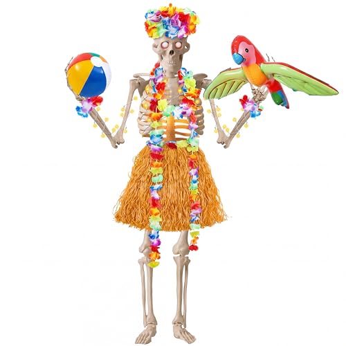 Lunmon 8 Pcs Summer Hawaiian 12 ft Skeleton Costume Accessories Hawaiian Hula Grass Skirt Tropical Flower Garlands Wristbands Beach Ball Skeleton Outfit for Garden Lawn Luau Party Decor(Yellow)