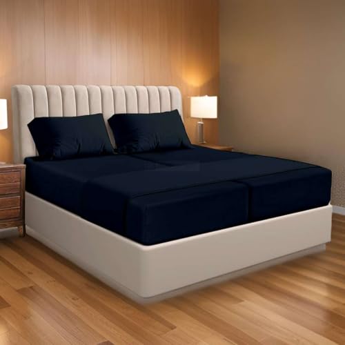 Ready To Rest 100% Egyptian Cotton Split King Sheets Sets for Adjustable Bed 5 Piece, Fits Mattress Upto 16" Deep, Hotel Luxury, Ultra Soft, Cooling Bed Sheets, Navy Blue Solid