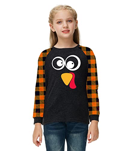 Image of Remimi Girls Thanksgiving Shirts Buffalo Plaid Raglan Tee Cute Turkey Holiday Party Long Sleeve Tshirt 5-14 Years