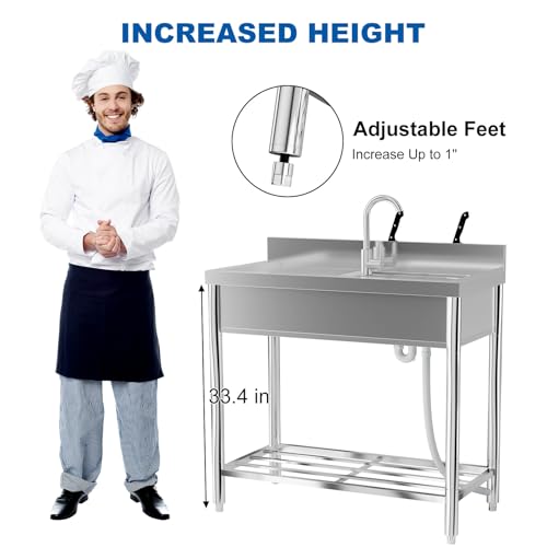 DEXSO Free Standing Kitchen Sink 39\'\'x20\'\'x37\'\' Stainless Steel, With 360°Rotating Faucet, Hot and Cold Water Pipes, Storage Rack, Utility Single Bowl Sink for Kitchen, Restaurants, Garages, Outdoor