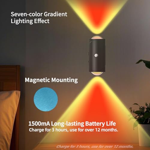Image of Motion Sensor Light Indoor Night Light Magnet Body Hallway Rechargeable LED Wireless Wall Sconces Color Changing Atmosphere Lamp Wall Sconce for Home Party Lighting Bedroom, Bathroom, Stairs, (2 Pack)