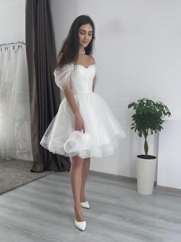 Off Shoulder Short Wedding Gowns Puffy Sleeves Wedding Dresses for Bride Tulle Prom Homecoming Dress3