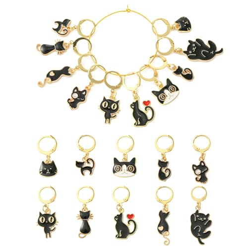 Ipotkitt 10 marcatori smaltati a forma di gatto, 10 stili, a forma di gatto, per fai da te, lavori a maglia, orecchini, borse, regali, gioielli