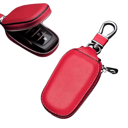 Yourkar Car Key Case Genuine Leather Auto Key Fob Storage Bag Key Chain Holder Key Ring Zipper Bag Car Accessories (Red)