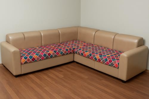 Image of JAPA Elephant Safari Beige Print Quilted Velvet L-Shape Seat-Only Sofa Cover for 3+3 Seater - Non-Slip Washable Daily Use Sofa Protector, Luxury Sofa Mat for Living Room