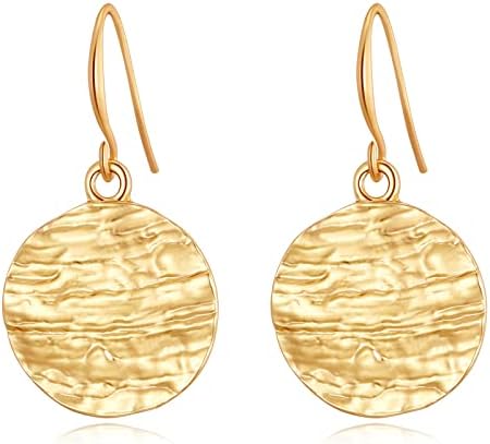 YKKZART Dangle Earrings for Women 14k Gold Plated Disc Dangle Earrings Hammered Coin Drop Earrings for Her Gift