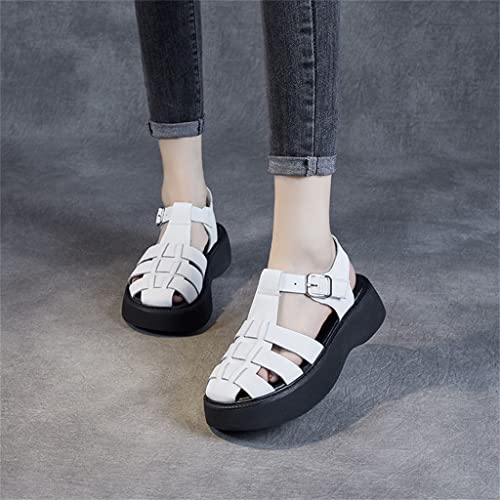 Leather Sandals Women's Mary Jane Thick-Soled Woven Toe Cap Hollow Roman Cage Shoes4