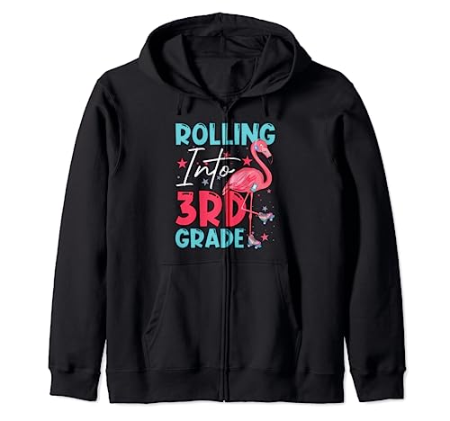 Rolling Into 3rd Grade Pink Flamingo Skater Back To School Zip Hoodie