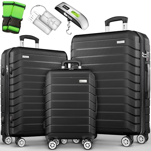 tillvex® Set de 3 Valises de Voyage + Balance, 6 Sangles à Bagages et 3 étiquettes à Bagages | Lot de valises avec roulettes et TSA Lock | Sacs de Voyage...