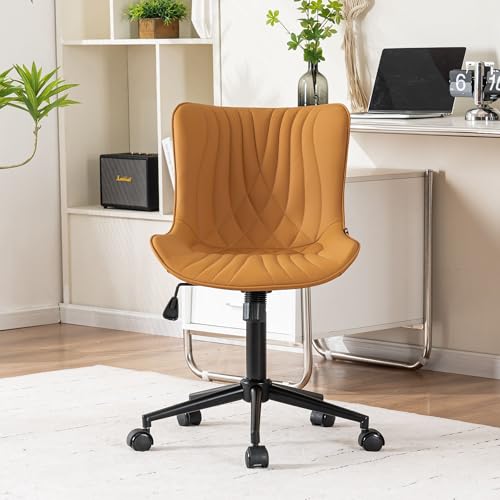 Image of YOUNIKE Office Chair, Armless Desk Chair with Wheels, Adjustable Swivel Home Office Computer Task Chairs, Modern Faux Leather Upholstered Vanity Chair with Back, Saffron Tan