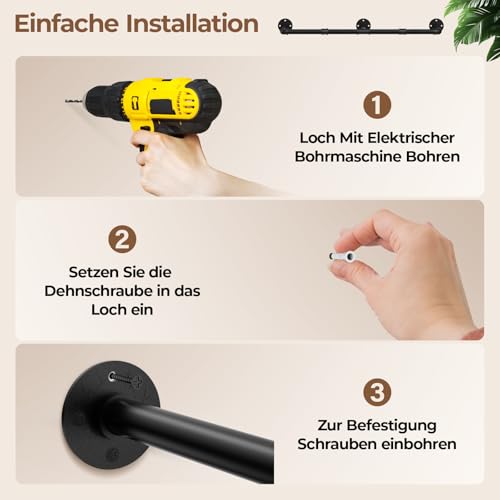 Mavivegue 150 cm Kleiderstange Wand, Industrieller Rohr-Kleiderständer zur Wandmontage, Garderobenstange für Flure Wohnzimmer Schlafzimmer, Schwarz