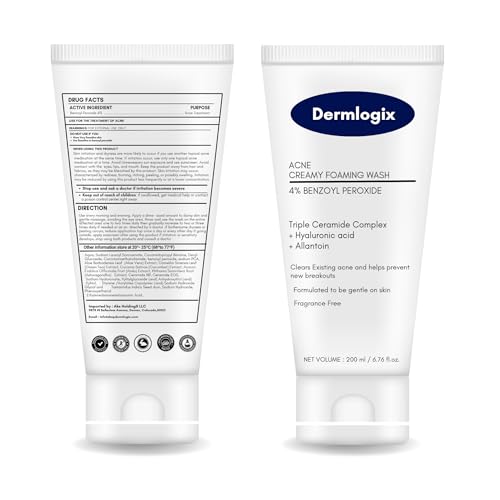 Dermlogix Creamy Acne Foaming Wash 4% Benzoyl Peroxide Face Wash With Hyaluronic Acid & Ceramides Gentle Daily Acne Skin Care 6.76 Fl Oz