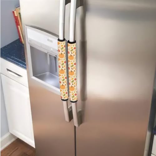 Image of Refrigerator Door Handle Covers Set of 6 Kitchen Electrical Appliances Handle Protector Anti-Slip Fridge Accessories for Halloween Decor, Pumpkin Fall Leaf Pattern Beige