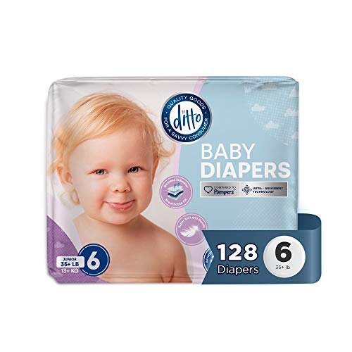 Ditto Baby Diapers Size 6 (128 Count) – Breathable Disposable Diapers – 12-Hour Leak Protection & Wetness Indicator – Day + Overnight Diapers for Sensitive Skin – No Fragrance, Parabens or Latex