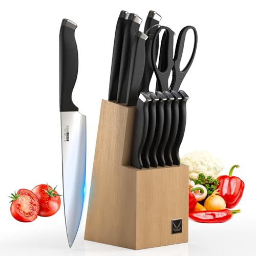 14 Pieces Chef Knife Set with Sharpener, HUIKAILI Kitchen Knife Sets with Wooden Block, Stainless Steel Kitchen Knife, High Carbon Stainless Steel & Ergonomic Handle Sharp Kitchen Knife Set Boxed Gift