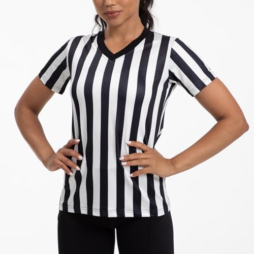 VKT Referee Shirt Womens Official Ref Jersey Black and White Stripe V-Neck Uniform for Basketball Football Soccer Halloween Costume S