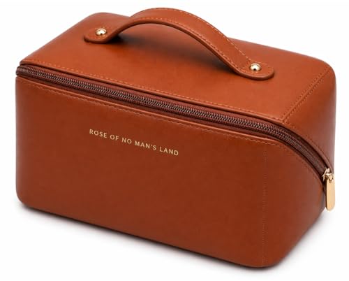 Bolsa Necessaire Feminina Grande Impermeável Porta Maquiagem Viagem Organizador de Cosméticos Joias e Acessórios Couro Sintético Resistente Dupla Camada Zíper Reforçado Luxo Alta Capacidade (MARROM)