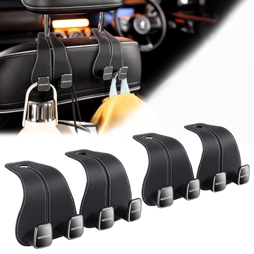 Image of WEIHAO Wide Purse Hook for Car, Twin Hook Leather Car Headrest Hangers, Car Seat Back Storage Hook, Headrest Hooks Purse Bag Holder for Car Universal Fit Sedan Trucks SUVs Most Vehicles (Black-4PCS)