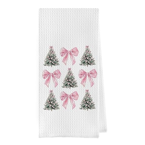Geqtt Paños de cocina de coqueta de Navidad, diseño de coqueta de lazo rosa, paños de cocina decorativos de punto gofre, paños de cocina preparados para árbol de Navidad (16 x 24 pulgadas)