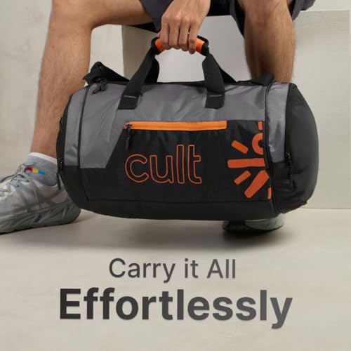 Image of Cultsport 35L Gym /Duffle Bag for Men & Women | Water-Resistant Sports Travel Bag with Shoe Compartment, Adjustable Shoulder Strap, Side Pocket & Spacious Main Storage - Grey Orange