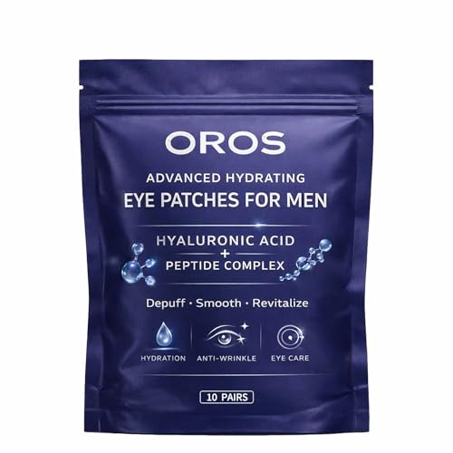 OROS Mens Under Eye Patches (10 Pairs) Hyaluronic Acid & Peptide Complex Eye Masks Cooling Under Eye Repair Patches for Puffiness Dryness & Tired Looking Eyes 10 Pairs