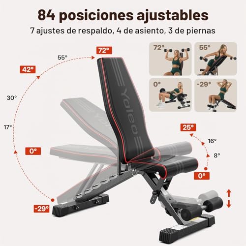 Miniatura 5 de Yoleo Banco De Pesas Plegable Multifunción Para Entrenamiento, Fitness, Abdominales, Banco Inclinado Con 7 Posiciones, Respaldo Ajustable, Cojín De Asiento Ajustable En 4 Posiciones, Carga De