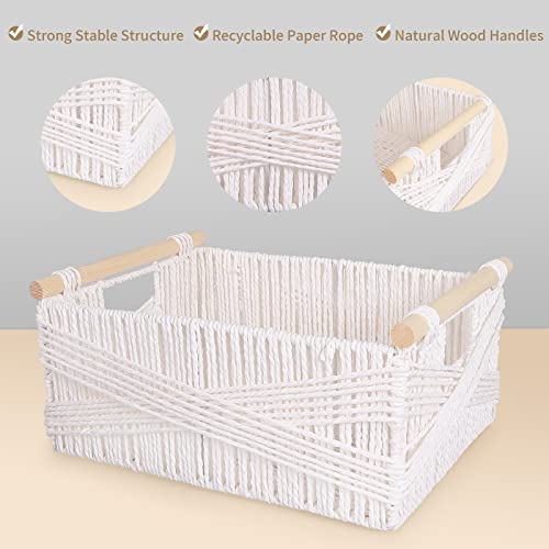 Anminy 3 Pack Woven Storage Basket With Wood Handles Handmade Natural Paper Rope Decorative Boho Desk Wicker Storage Bins Box Set Nursery Baby Kid Large Meduim Small Shelf Organizer Container - White #TOP4